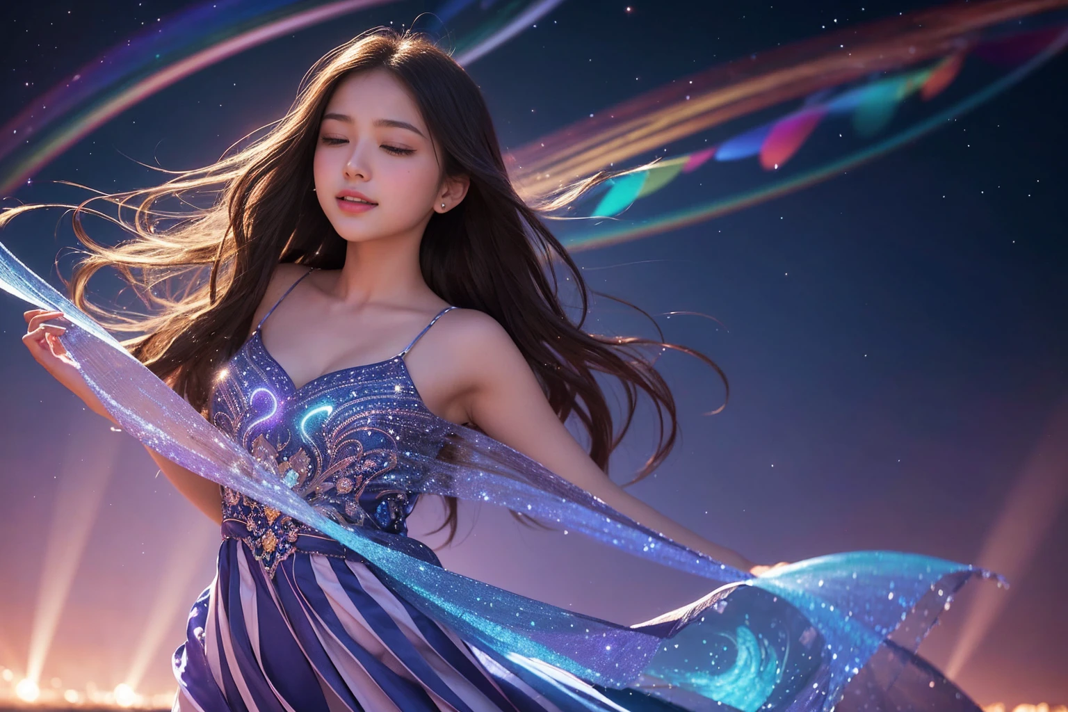 A mesmerizing cinematic photograph of a radiant young woman, standing captivated beneath a breathtaking waterfall composed entirely of vibrant, glowing musical notes. These magical notes cascade down in a kaleidoscope of colors, creating a dazzling display as they envelop the woman, who is fully immersed in the ecstasy of her dance. With eyes closed and a face beaming with pure joy and liberation, she becomes one with the music. The sky above, filled with twinkling stars and radiant frequency lines, symbolizes the transcendent power of music. This enchanting scene captures the essence of freedom and harmony, invoking an ethereal and magical atmosphere that resonates with viewers on a deep emotional level., cinematic, photo