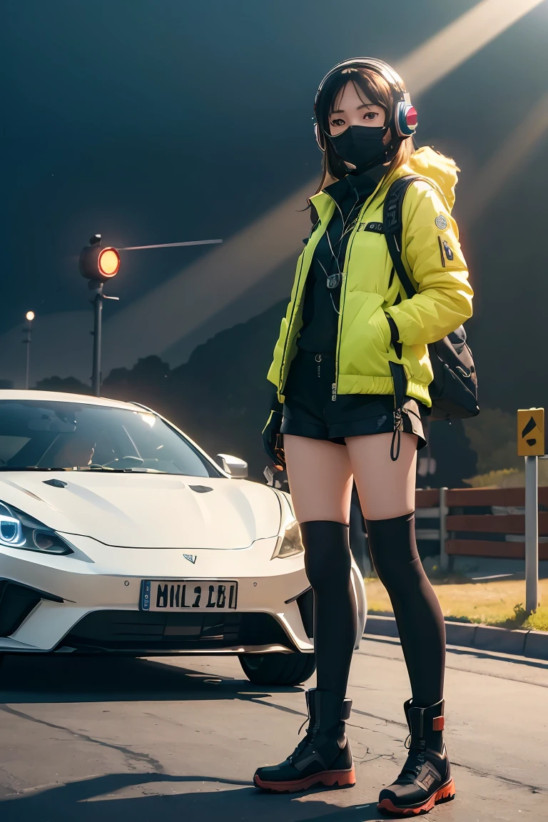 ((high quality)), ((masterpiece)), 8k, 2girls, cars, light rays, extremely detailed CG unity 8k wallpaper, cg game, looking at viewer, gloves, boots, full body, watch , computer, mask, drone, holding gun, headphones, jacket, bag, backpack, cameltoe, neon