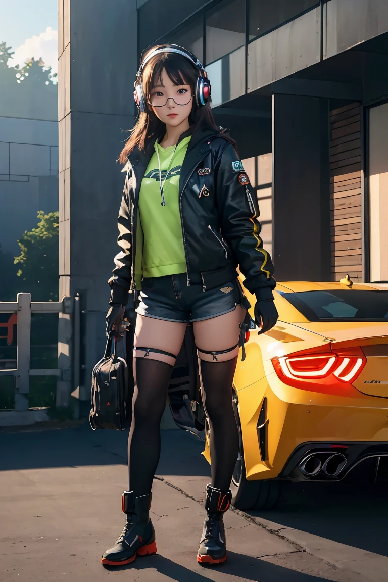((high quality)), ((masterpiece)), 8k, 2girls, cars, light rays, extremely detailed CG unity 8k wallpaper, cg game, looking at viewer, gloves, boots, full body, watch , computer, mask, drone, holding gun, headphones, jacket, bag, backpack, cameltoe, neon