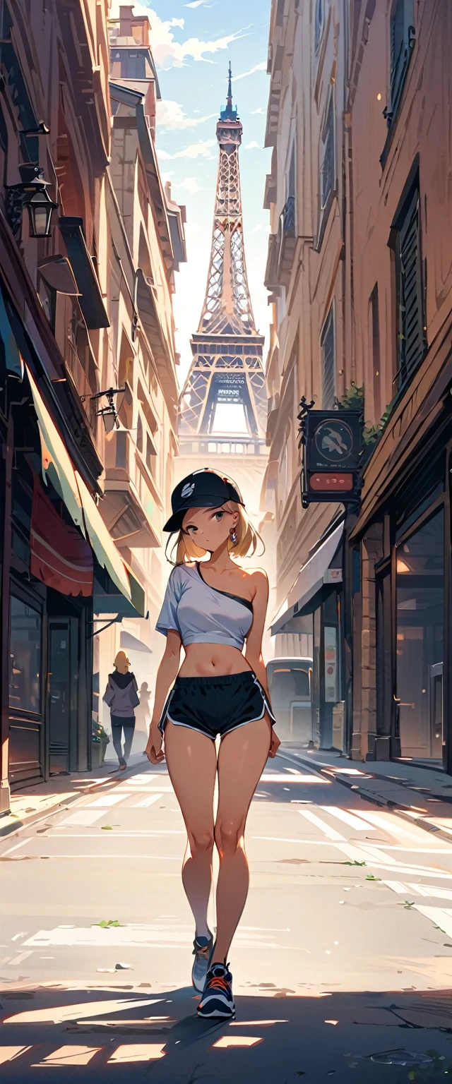 (masterpiece, best quality:1.2), full body shot, solo, Android 18 from Dragon Ball, ((slip-on one-shoulder crop top)), (light gray top:1.2), no jacket, (black dolphin shorts), strings of thong underwear slightly visible, small breasts, short blonde hair loose, ((black eyes)), ((wearing glasses)), earrings on earlobes, slender feminine figure, narrow waistline, skinny body, (plane black cap), (cap without logo), newbalance shoes, sunlight, head tilt, looking at viewer, light blush, shot from behind, looking back, back view, arms behind back, walking, the Eiffel Tower, outside, natural lighting and shadows, magnificent view, blur background, 4K