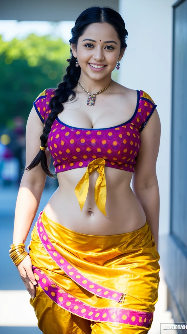 HD wallpaper 32k cinematic shoot of a Beautiful cute girl, with thick thighs and a curvy waist, twin braids,  wearing an Indian blouse top, horny, seductively, in a school corridor, dotted blouse top, smiling, ((long curvy waist)), ((lowwaist)), ((curvy waist))