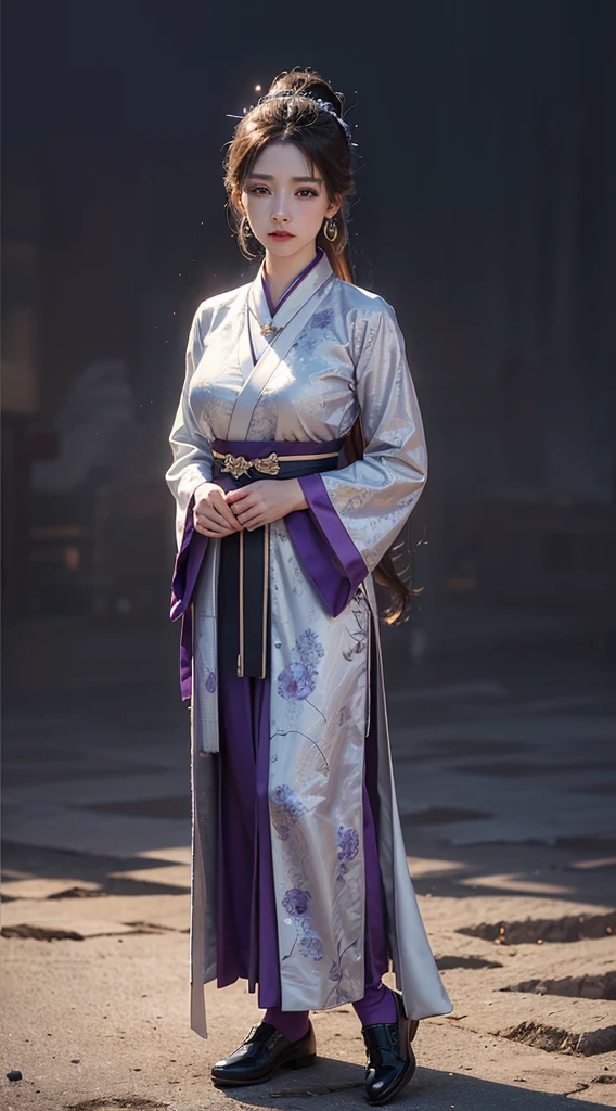 1 Extremely beautiful girl in Hanfu, Thin purple silk shirt with lots of white patterns, White lace top, Purple platinum long ponytail, Gorgeous hair accessories, Earrings Jewelry, Rabbit ears lavender, Necklace jewelry, Carefully drawn large purple eyes, Delicate makeup, Sparse eyebrows, high nose, Beautiful red lips, No smile, Pursed lips, Red face, （Large Breasts3.5）, Large Breasts , Well-proportioned chest, Slim waist, purple mesh socks, Chinese Hanfu style, Fictional art texture, Vivid colors, original photo, real picture, ultra-high quality 8k surreal picture , (Strange lighting effects: 1.8), 10x pixel, Magic Effects (background): 1.8), Super detailed eyes, Girl full body, Girl Alone, ancient hanfu background, Looking at the audience, Wide original image, 8K picture quality, Ultra HD, HDR10, Super sharp, Most detailed、The clearest picture, Vibrant colors, Uniform lighting, detailed light and dark background,