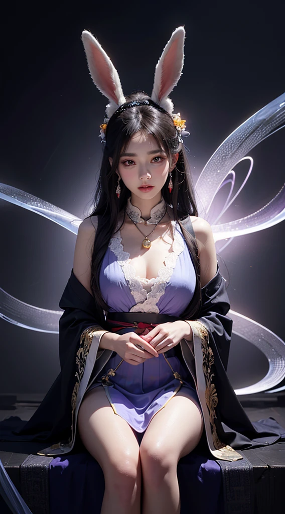 1 Extremely beautiful girl in Hanfu, Thin purple silk shirt with lots of white patterns, White lace top, Purple platinum long ponytail, Gorgeous hair accessories, Earrings Jewelry, Rabbit ears lavender, Necklace jewelry, Carefully drawn large purple eyes, Delicate makeup, Sparse eyebrows, high nose, Beautiful red lips, No smile, Pursed lips, Red face, (Large Breasts3.5), Large Breasts , Well-proportioned chest, Slim waist, purple mesh socks, Chinese Hanfu style, Fictional art texture, Vivid colors, original photo, real picture, ultra-high quality 8k surreal picture , (Strange lighting effects: 1.8), 10x pixel, Magic Effects (background): 1.8), Super detailed eyes, Girl full body, Girl Alone, ancient hanfu background, Looking at the audience, Wide original image, 8K picture quality, Ultra HD, HDR10, Super sharp, Most detailed、The clearest picture, Vibrant colors, Uniform lighting, detailed light and dark background,