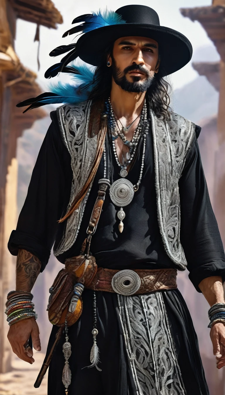 male gypsy in black wearing a dagger and a hat with feather and silver accessories, molecular energy, texturas, breathtaking beauty, pure perfection, unforgettable, impressive, breathtaking beauty, ., ultra HD, realisitic, bright coloured, highy detailed, UHD design, pen and ink, Perfect composition, Linda, detailed, intricate, insanamente detailed, octane rendering trend in artstation, 8k art photography, photorealisitic concept art, soft natural volumetric cinematic perfect light