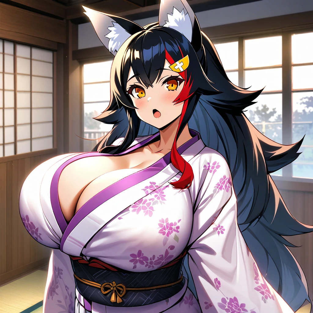 ookami mio,1girl,solo,wolf ears,open mouth,super huge breasts,yukata,looking at viewer,standing up,ryokan