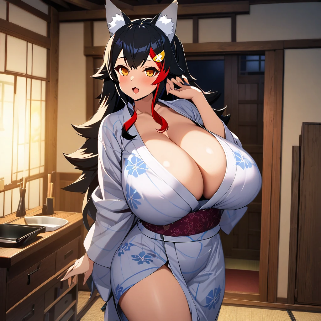ookami mio,1girl,solo,wolf ears,open mouth,super huge breasts,yukata,looking at viewer,standing up,ryokan