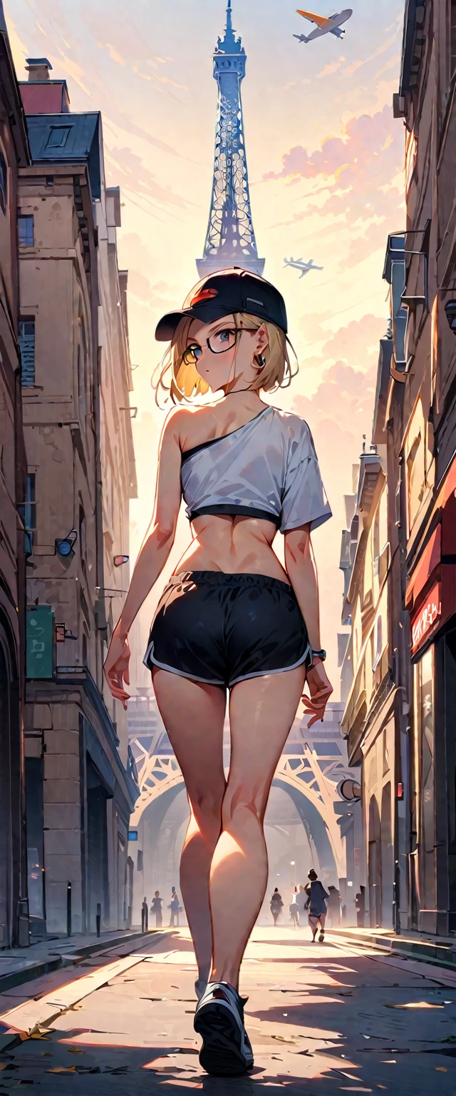 (masterpiece, best quality:1.2), full body shot, solo, Android 18 from Dragon Ball, ((slip-on one-shoulder crop top)), (light gray top:1.2), no jacket, (black dolphin shorts), strings of thong underwear slightly visible, small breasts, short blonde hair loose, ((black eyes)), ((wearing glasses)), earrings on earlobes, slender feminine figure, narrow waistline, skinny body, (plane black cap), (cap without logo), newbalance shoes, sunlight, head tilt, looking at viewer, light blush, shot from behind, looking back, back view, arms behind back, walking, the Eiffel Tower, outside, natural lighting and shadows, magnificent view, blur background, 4K