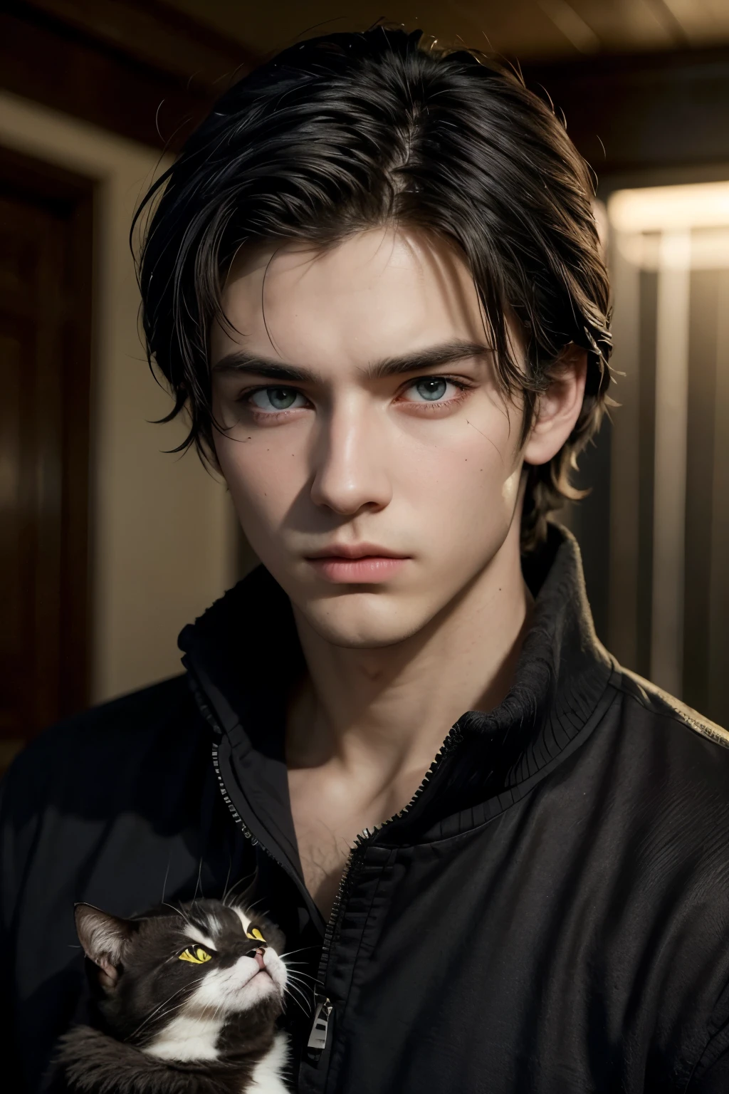 ((best quality)), ((masterpiece)), (detailed), young, tall, dark hair, beautiful eyes, intimidating, hunk, cat eyes, cute face, black, man , 1men