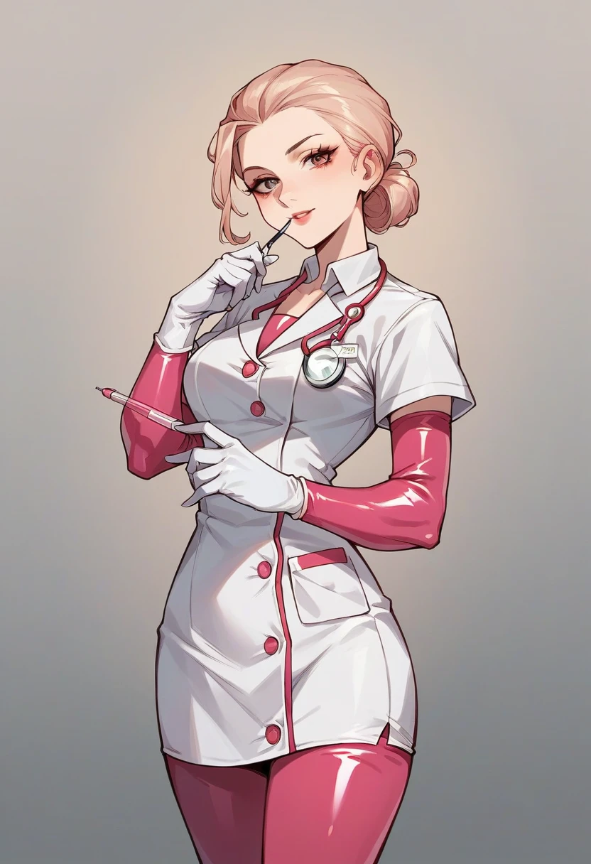 1girl, light hair, ((white elbow gloves)), ((surgical gloves)), ((latex gloves)), ((long sleeves)) ((pink surgeon outfit)), looking at viewer, ((pink doctor outfit)), doctor, standing, solo