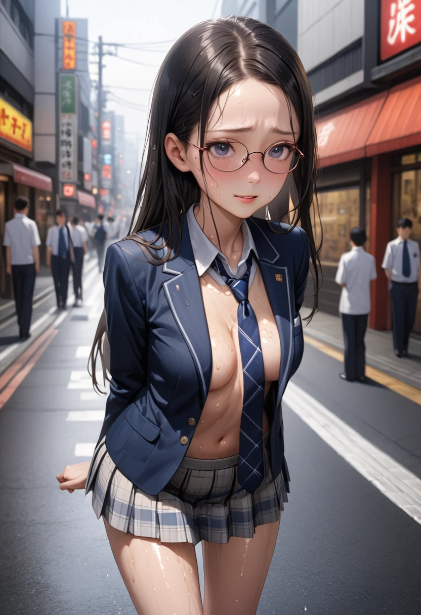 ((masterpiece,Highest quality:1.3,best illustration,realistic)),cowboy shot,1woman、独奏,27 year old Japanese beauty,((very small head:1.3)),center parted bangs,forehead,black hair,long hair,black eyes,gorgeous eyes,Black-rimmed glasses,shy,smile,medium breasts,((very long body:1.3)),((toned body,slender body,skinny)),(School uniform、Dark blue blazer jacket、Navy blue tie、Grey plaid pleated mini skirt),gleaming skin,shiny skin,oily skin,sweat,on street,Tokyo、