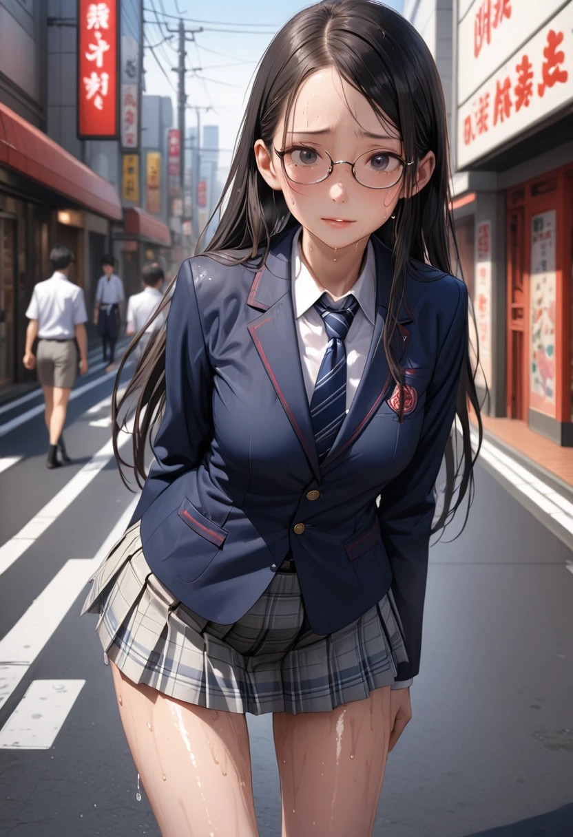 ((masterpiece,Highest quality:1.3,best illustration,realistic)),cowboy shot,1woman、独奏,27 year old Japanese beauty,((very small head:1.3)),center parted bangs,forehead,black hair,long hair,black eyes,gorgeous eyes,Black-rimmed glasses,shy,smile,medium breasts,((very long body:1.3)),((toned body,slender body,skinny)),(School uniform、Dark blue blazer jacket、Navy blue tie、Grey plaid pleated mini skirt),gleaming skin,shiny skin,oily skin,sweat,on street,Tokyo、