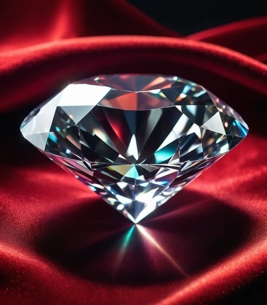a large diamond jewel on red velvet cloth with a black misty background, radiant light beams, chromatic aberration, broken prism, refraction, light caustics, detailed illustration, bioluminescent, colorfull, glow,