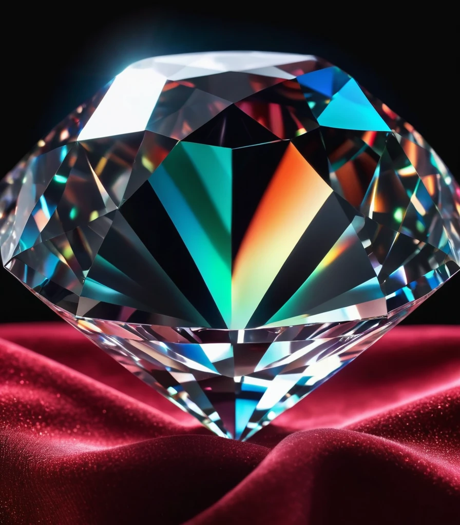 a large diamond jewel on red velvet cloth with a black misty background, radiant light beams, chromatic aberration, broken prism, refraction, light caustics, detailed illustration, bioluminescent, colorfull, glow,