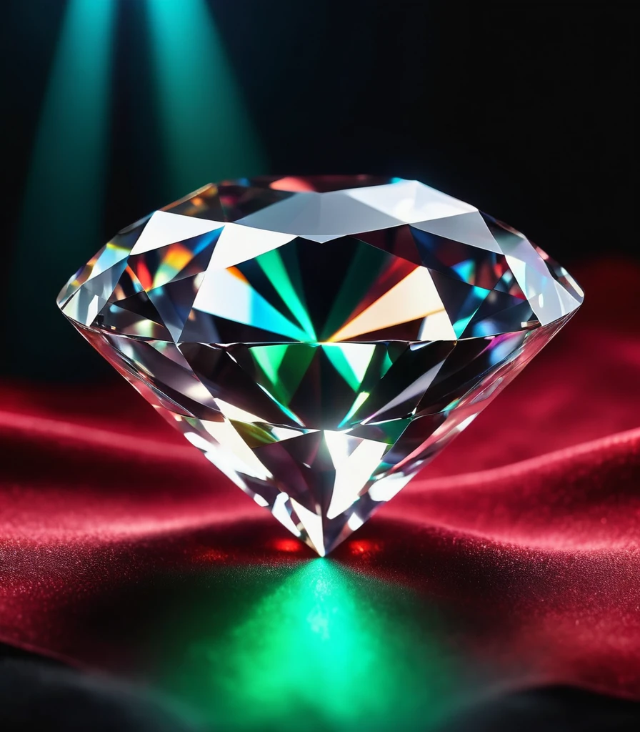 a large diamond jewel on red velvet cloth with a black misty background, radiant light beams, chromatic aberration, broken prism, refraction, light caustics, detailed illustration, bioluminescent, colorfull, glow,