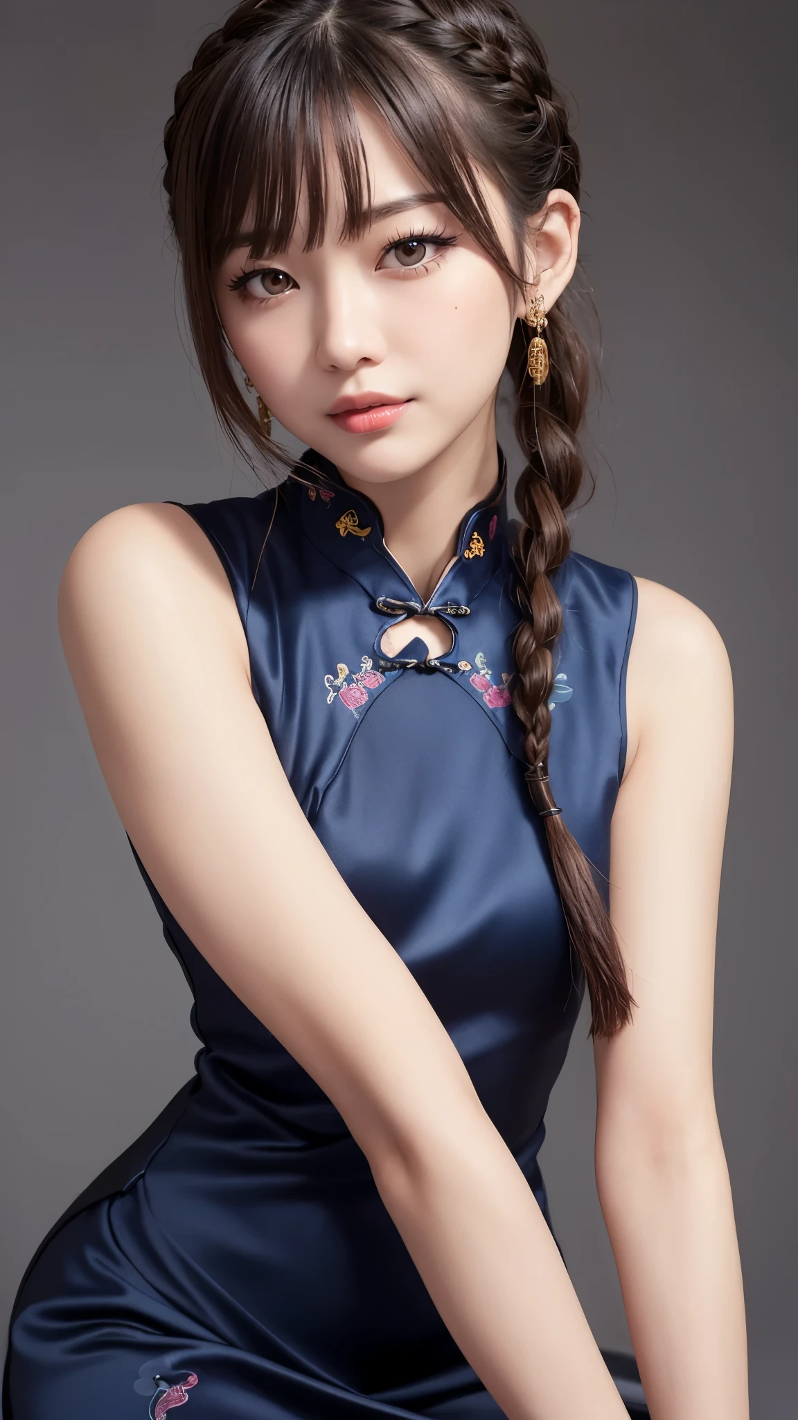 Realistic, masterpiece, Highest quality, Highest Resolution, Anatomically correct, Accurate Anatomy, One Japanese woman, Smile, Fine and beautiful eyes, iris, Sparkling eyes, Thin eyebrows, Gives lashes a delicate finish, False eyelashes, Chinese traditional makeup, (Braided hair, Blunt bangs, Brown Hair:1.2), Detailed face, Sharp Eyes, Chin up, Open your mouth, Cheeks pink, (Classic navy blue cheongsam, No sleeve, Lavish decoration:1.3), Upper body photo, Leaning forward, Blank background in warm colors
