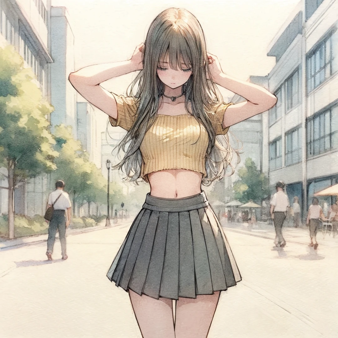 Official art using high-quality hand-drawn watercolor sketch techniques. (best quality,4k,8k,highres,masterpiece:1.2),ultra-detailed,beautiful detailed eyes,A girl with beautiful eyes, everyone, beautiful anime girl, cute anime girl, smooth anime art, anime style, elegant colors, soft lighting, delicate beautiful wet eyes, very coquettish, (beautiful large breast:1.2), (correct hands:1.2),