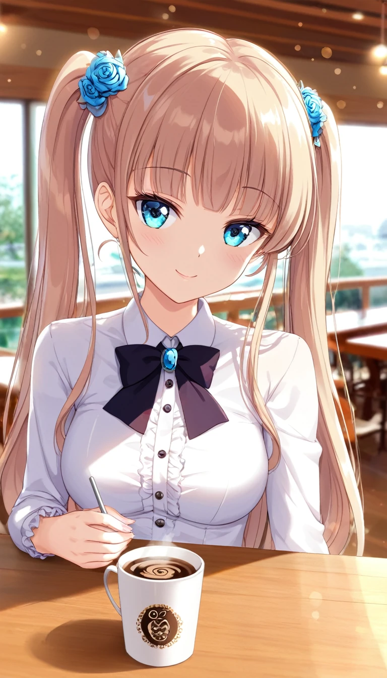 One is tied with two ponytails,Cute little girl, Short white T-shirt, Khaki baggy pants, Sitting by the window of the cafe, Hold your cheek with one hand, Tilt your head and look at people with a smile.Close-up of character( Perfect anatomical structure ) Beautiful and extremely fine texture，detailed, bright, Animation style high definition and high quality presentation