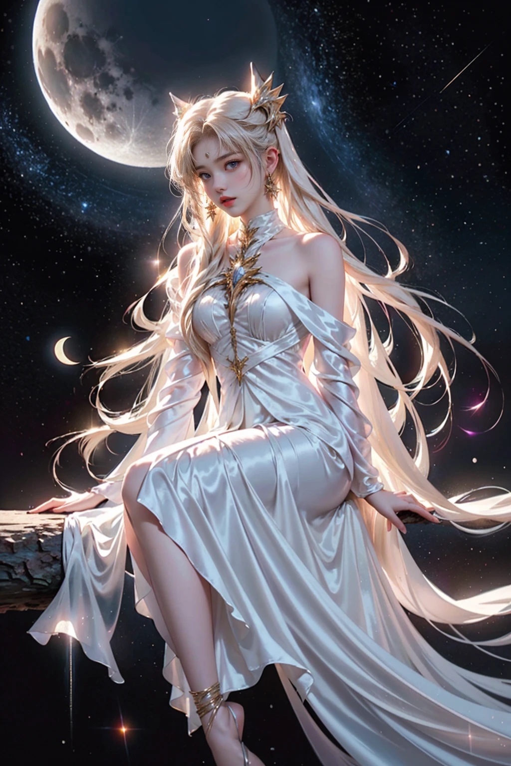 Top quality, high resolution, poster. Captures a young woman with long flowing hair and pale skin sitting beside a glowing crescent moon. The woman, dressed in an ethereal white gown, reaches for the sparkling star. This serene scene is set against a deep black background, highlighting the glow of the moon and stars, creating a mesmerizing, cinematic illusion.