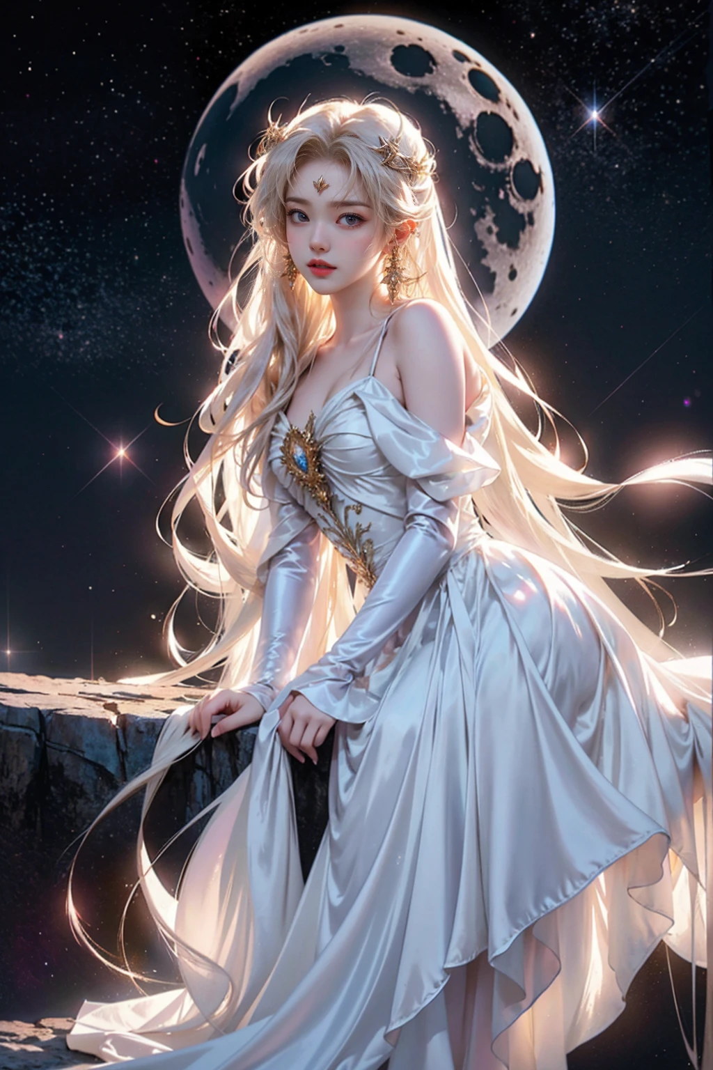 Top quality, high resolution, poster. Captures a young woman with long flowing hair and pale skin sitting beside a glowing crescent moon. The woman, dressed in an ethereal white gown, reaches for the sparkling star. This serene scene is set against a deep black background, highlighting the glow of the moon and stars, creating a mesmerizing, cinematic illusion.