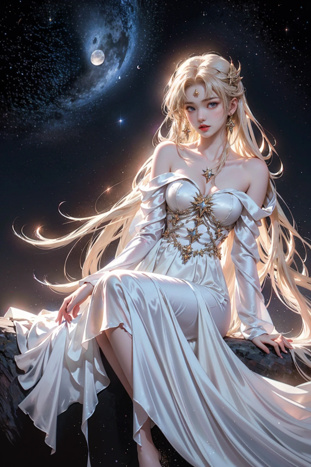 Top quality, high resolution, poster. Captures a young woman with long flowing hair and pale skin sitting beside a glowing crescent moon. The woman, dressed in an ethereal white gown, reaches for the sparkling star. This serene scene is set against a deep black background, highlighting the glow of the moon and stars, creating a mesmerizing, cinematic illusion.