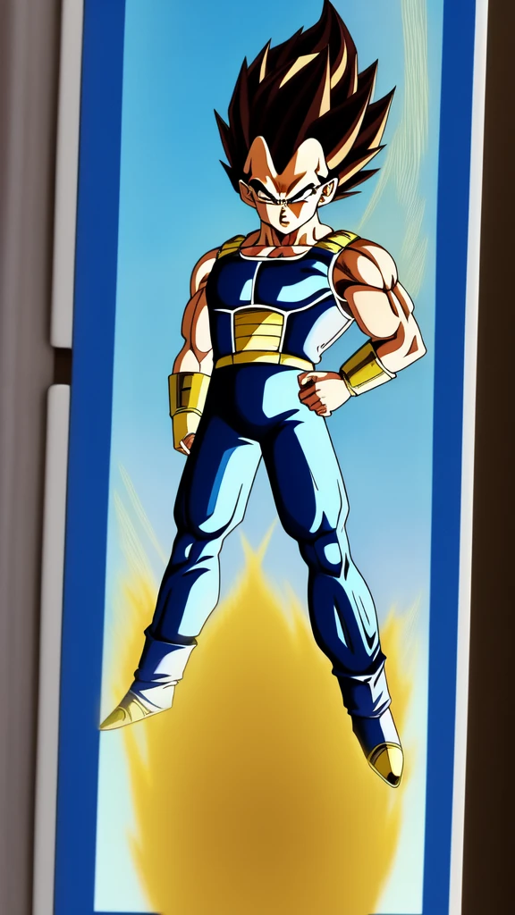 (Photo:1.3), highdetail, Vegeta, solo, 1boy, selfie, detailed face, detailed eyes, super saiyan, Golden Hair, (masterpiece, best quality, absurdres, detailed, ultra-detailed:1.3), (trending on CGSociety, trending on pixiv, contest winner:1.3), full body, standing, hand on hip