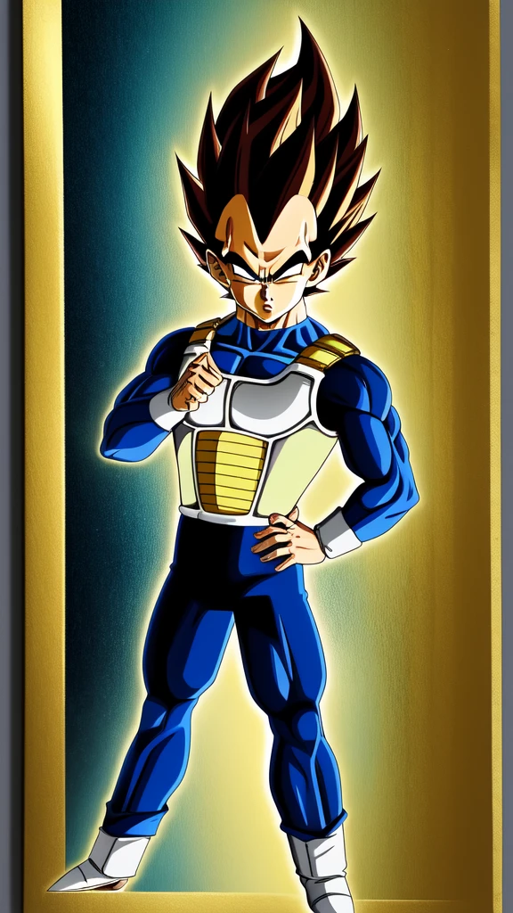 (Photo:1.3), highdetail, Vegeta, solo, 1boy, selfie, detailed face, detailed eyes, super saiyan, Golden Hair, (masterpiece, best quality, absurdres, detailed, ultra-detailed:1.3), (trending on CGSociety, trending on pixiv, contest winner:1.3), full body, standing, hand on hip