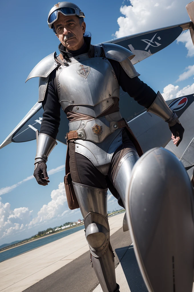 Alberto Santos, father of aviation, wearing iron armor with a wing