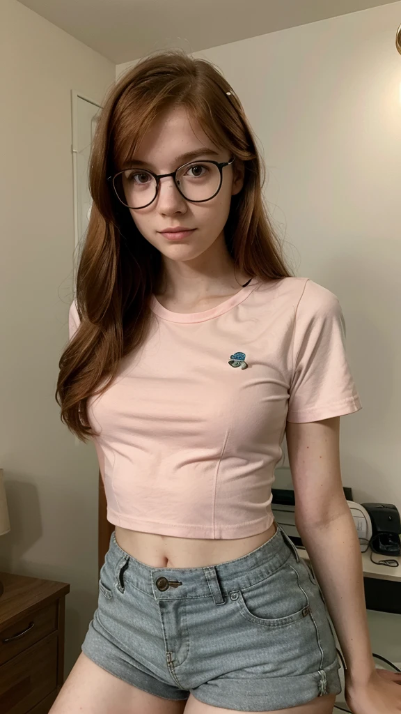Teenage girl, nerd look, ginger hair, in glasses, extremely thin body, very thin face, in classic shirt, in shorts, huge bust 
