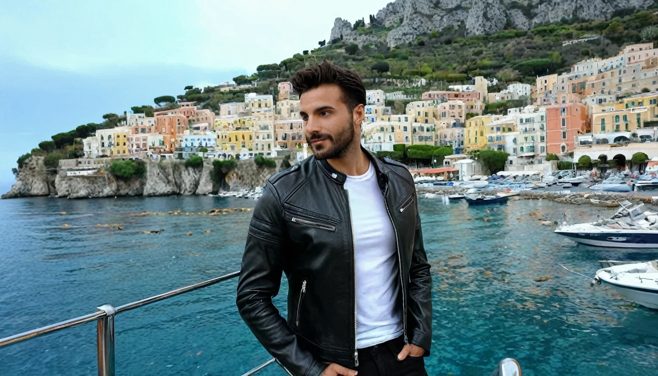 A 35 years old man, with a black pants,white social shirt, italian background, hands on the pocket, a black leather jacket with zippers and zippered sleeves, black leather slim clothes, black leather garment, very aesthetic leather jacket, leather jackets, black leather jacket, leather jacket, black leather, leather, wearing leather jacket, black draconic - leather, wearing a leather jacket, leather padding, wearing samcrow leather jacket, clothing photography ,amazing italian background, 4k, realistic ,boats are docked in the water near a town on a hill, italian mediterranean city, mediterranean island scenery, italy, southern european scenery, gulf of naples, beautiful italian beach scene, mediterranean city, capri coast, fantasy italy, naples, mediterranean, beautiful place, mediterranean vista, beauitful, incredibly beautiful, unknown, beautiful high resolution, happy italian beach scene, imposing