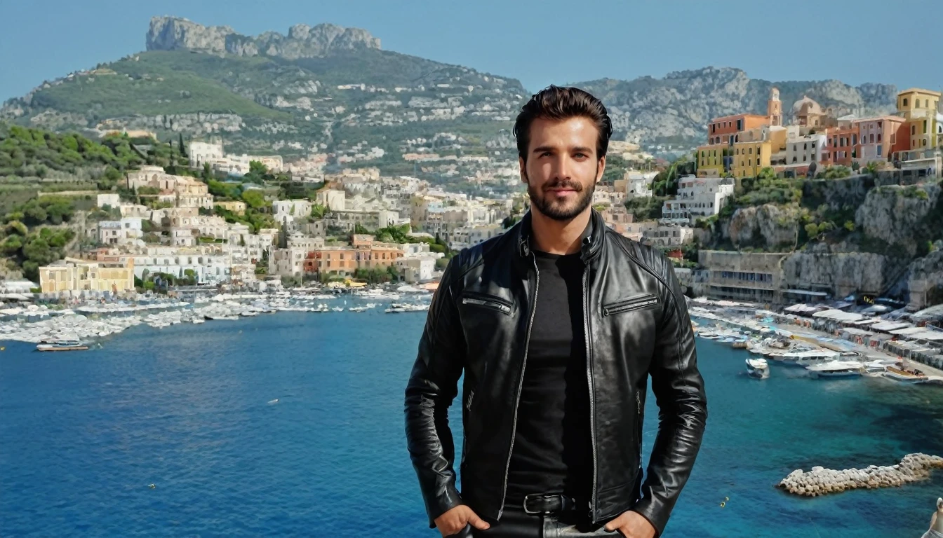 A 35 years old man, with a black pants,white social shirt, italian background, hands on the pocket, a black leather jacket with zippers and zippered sleeves, black leather slim clothes, black leather garment, very aesthetic leather jacket, leather jackets, black leather jacket, leather jacket, black leather, leather, wearing leather jacket, black draconic - leather, wearing a leather jacket, leather padding, wearing samcrow leather jacket, clothing photography ,amazing italian background, 4k, realistic ,boats are docked in the water near a town on a hill, italian mediterranean city, mediterranean island scenery, italy, southern european scenery, gulf of naples, beautiful italian beach scene, mediterranean city, capri coast, fantasy italy, naples, mediterranean, beautiful place, mediterranean vista, beauitful, incredibly beautiful, unknown, beautiful high resolution, happy italian beach scene, imposing