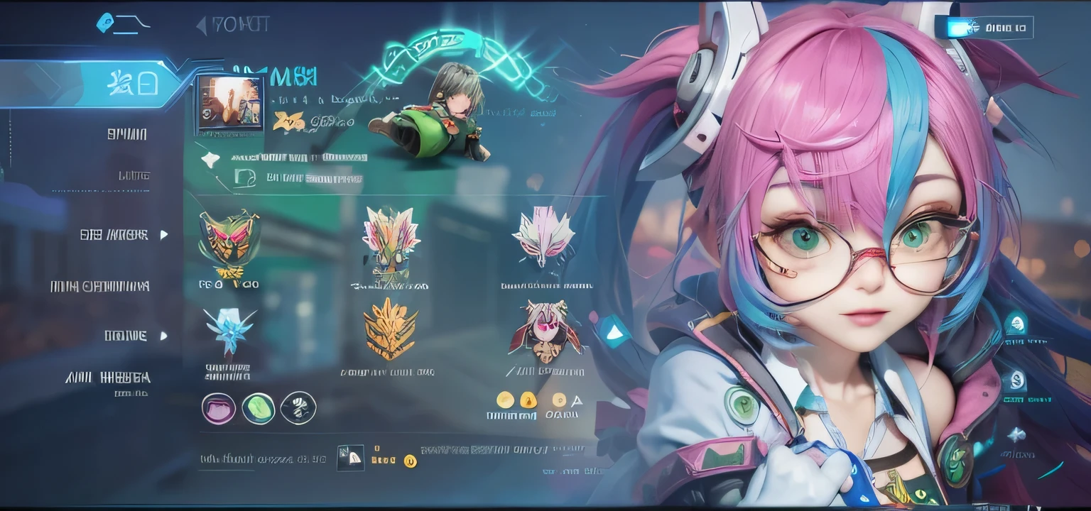 The image shows a character from a video game, with pink hair and green glasses, standing confidently with her arms crossed.