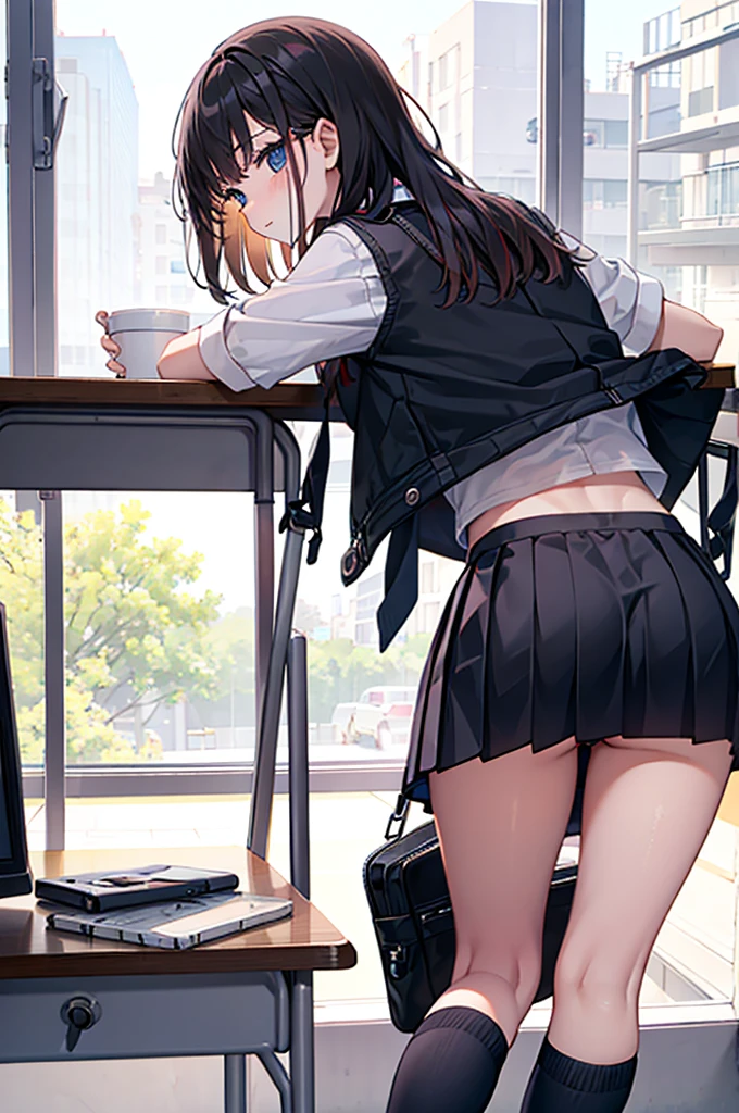 A girl with her hands on a desk at school,skirt,From directly behind,Back view,Panties in full view,Lowered panties,