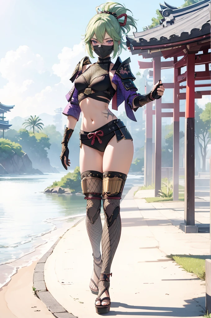 ((1girl, solo)), beautiful body, (perfect anatomy, perfect body, perfect hands, perfect legs), natural proportions, sexy body, large breasts, (full body, full-body shot, full body front:1.5), ((cowboy shot)), (((legs apart))) BREAK
((extremely detailed face)), (beautiful detailed eyes:1.6), (realistic pupils, realistic iris:1), expressive eyes, looking at viewer, (clear eyes:1.3), (hyperrealistic:1.2), (detailed skin texture:1.2), smooth skin, kuki shinobu, purple eyes, green hair, ((mouth mask)), perfect face, perfect eyes BREAK
ninja, (fishnet top:1.5), (crop top:1.5), cleavage, (cropped jacket:1.5), (shoulder armor:1.5), (arm guard:1.5), partially fingerless gloves, midriff, short shorts, black shorts, ((black thighhighs)), (((greaves))), sandals, (revealing clothes:1.5), (japanese armor:1.5), (samurai armor), (highleg panty straps:1.3), tassel BREAK
outdoor, day, japanese building, east asian architecture BREAK
(masterpiece:1.5), anime-style, top quality, best quality, (beautiful and aesthetic:1.2), (ultra detail:1.5), Ultra-detailed depiction, Ultra-precise depiction, extremely detailed 8k illustration, high resolution, (highly detailed shading:1.2), (realistic lighting:1.4), perfect lighting, vibrant colors, dynamic tones, striking hues, 8k, absurd resolution, perfect shadows, hdr, UHD, ambient lighting, realistic, ultra-realistic, photo realistic, highly detailed, rich detail, luminous colors, fine texture, intricate design, professional illustration, (soft light:1.2), (illustration:0.7)