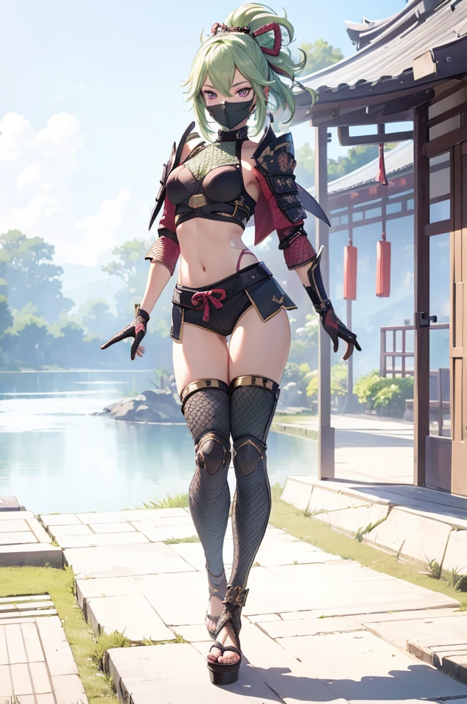 ((1girl, solo)), beautiful body, (perfect anatomy, perfect body, perfect hands, perfect legs), natural proportions, sexy body, large breasts, (full body, full-body shot, full body front:1.5), ((cowboy shot)), (((legs apart))) BREAK
((extremely detailed face)), (beautiful detailed eyes:1.6), (realistic pupils, realistic iris:1), expressive eyes, looking at viewer, (clear eyes:1.3), (hyperrealistic:1.2), (detailed skin texture:1.2), smooth skin, kuki shinobu, purple eyes, green hair, ((mouth mask)), perfect face, perfect eyes BREAK
ninja, (fishnet top:1.5), (crop top:1.5), cleavage, (cropped jacket:1.5), (shoulder armor:1.5), (arm guard:1.5), partially fingerless gloves, midriff, short shorts, black shorts, ((black thighhighs)), (((greaves))), sandals, (revealing clothes:1.5), (japanese armor:1.5), (samurai armor), (highleg panty straps:1.3), tassel BREAK
outdoor, day, japanese building, east asian architecture BREAK
(masterpiece:1.5), anime-style, top quality, best quality, (beautiful and aesthetic:1.2), (ultra detail:1.5), Ultra-detailed depiction, Ultra-precise depiction, extremely detailed 8k illustration, high resolution, (highly detailed shading:1.2), (realistic lighting:1.4), perfect lighting, vibrant colors, dynamic tones, striking hues, 8k, absurd resolution, perfect shadows, hdr, UHD, ambient lighting, realistic, ultra-realistic, photo realistic, highly detailed, rich detail, luminous colors, fine texture, intricate design, professional illustration, (soft light:1.2), (illustration:0.7)