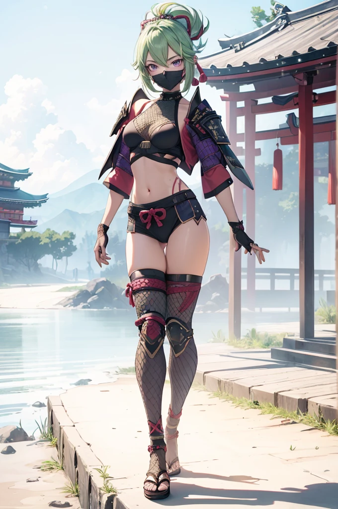 ((1girl, solo)), beautiful body, (perfect anatomy, perfect body, perfect hands, perfect legs), natural proportions, sexy body, large breasts, (full body, full-body shot, full body front:1.5), ((cowboy shot)), (((legs apart))) BREAK

((extremely detailed face)), (beautiful detailed eyes:1.6), (realistic pupils, realistic iris:1), expressive eyes, looking at viewer, (clear eyes:1.3), (hyperrealistic:1.2), (detailed skin texture:1.2), smooth skin, kuki shinobu, purple eyes, green hair, ((mouth mask)), perfect face, perfect eyes BREAK

ninja, (fishnet top:1.5), (crop top:1.5), cleavage, (cropped jacket:1.5), (shoulder armor:1.5), (arm guard:1.5), partially fingerless gloves, midriff, short shorts, black shorts, ((black thighhighs)), (((greaves))), sandals, (revealing clothes:1.5), (japanese armor:1.5), (samurai armor), (highleg panty straps:1.3), tassel BREAK

outdoor, day, japanese building, east asian architecture BREAK 

(masterpiece:1.5), anime-style, top quality, best quality, (beautiful and aesthetic:1.2), (ultra detail:1.5), Ultra-detailed depiction, Ultra-precise depiction, extremely detailed 8k illustration, high resolution, (highly detailed shading:1.2), (realistic lighting:1.4), perfect lighting, vibrant colors, dynamic tones, striking hues, 8k, absurd resolution, perfect shadows, hdr, UHD, ambient lighting, realistic, ultra-realistic, photo realistic, highly detailed, rich detail, luminous colors, fine texture, intricate design, professional illustration, (soft light:1.2), (illustration:0.7)