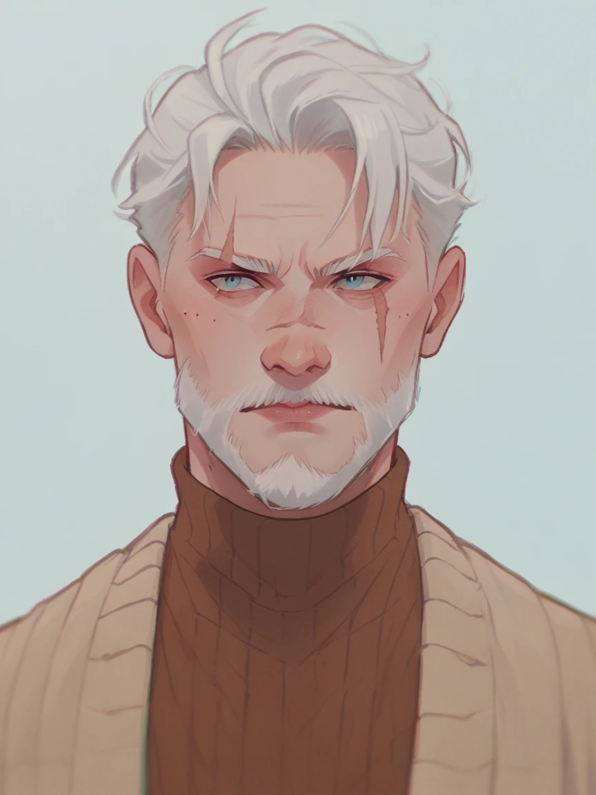 score_9, score_8_up, score_7_up, score_6_up, score_5_up, score_4_up, 1boy, ju1ch3, white hair, beard, scar on left eye