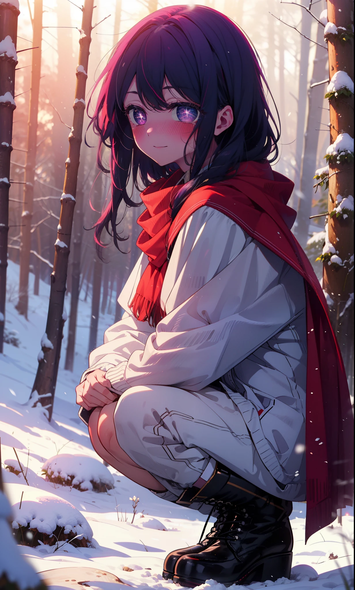 aihoshino, Ai Hoshino, Long Hair, bangs, (Purple eyes:1.1), Purple Hair, (Symbol-shaped pupil:1.5), smile,,smile,blush,White Breath,
Open your mouth,snow,Ground bonfire, Outdoor, boots, snowing, From the side, wood, suitcase, Cape, Blurred, , forest, White handbag, nature, Squat, Mouth closed, Cape, winter, Written boundary depth, Black shoes, red Cape break looking at viewer, Upper Body, whole body, break Outdoor, forest, nature, break (masterpiece:1.2), Highest quality, High resolution, unity 8k wallpaper, (shape:0.8), (Beautiful and beautiful eyes:1.6), Highly detailed face, Perfect lighting, Extremely detailed CG, (Perfect hands, Perfect Anatomy),