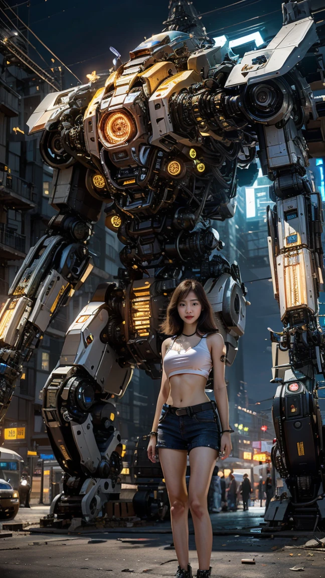 ((masterpiece, best quality)),illustration,ultra detailed 8k,photorealistic,sharp focus,highly detailed,professional lighting,colorful details,iridescent colors BREAK extreme long shot of a factory,large mechanical robot construction,microchip,computer,glowing,intricate details,shitu-mecha,1girl is standing in front of the audience,Navel