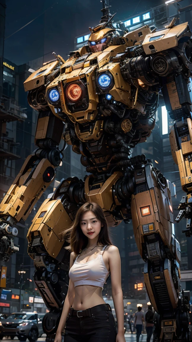 ((masterpiece, best quality)),illustration,ultra detailed 8k,photorealistic,sharp focus,highly detailed,professional lighting,colorful details,iridescent colors BREAK extreme long shot of a factory,large mechanical robot construction,microchip,computer,glowing,intricate details,shitu-mecha,1girl is standing in front of the audience,Navel