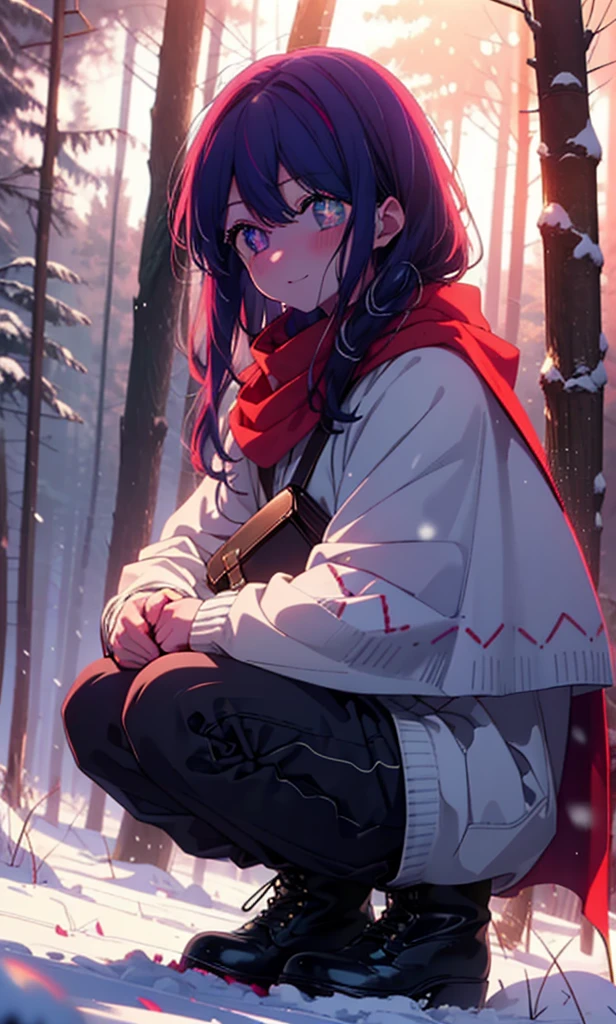aihoshino, Ai Hoshino, Long Hair, bangs, (Purple eyes:1.1), Purple Hair, (Symbol-shaped pupil:1.5), smile,,smile,blush,White Breath,
Open your mouth,snow,Ground bonfire, Outdoor, boots, snowing, From the side, wood, suitcase, Cape, Blurred, , forest, White handbag, nature, Squat, Mouth closed, Cape, winter, Written boundary depth, Black shoes, red Cape break looking at viewer, Upper Body, whole body, break Outdoor, forest, nature, break (masterpiece:1.2), Highest quality, High resolution, unity 8k wallpaper, (shape:0.8), (Beautiful and beautiful eyes:1.6), Highly detailed face, Perfect lighting, Extremely detailed CG, (Perfect hands, Perfect Anatomy),