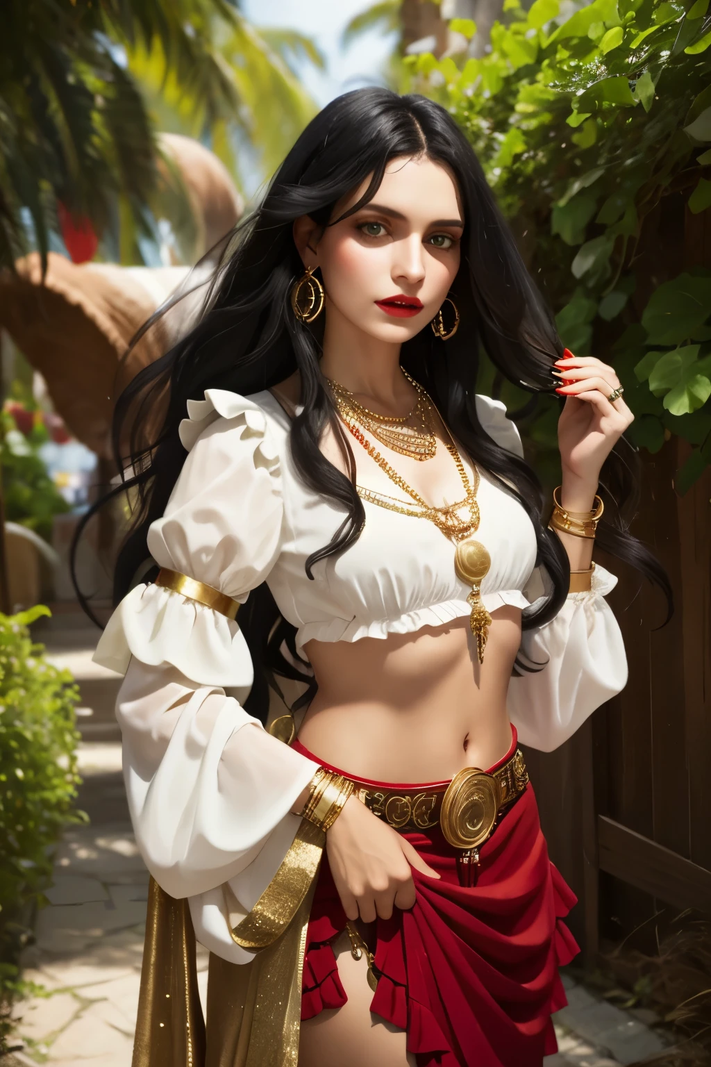 A gypsy with green eyes black hair, white blouse with gold medals and red skirt with ruffles, seashell necklaces.