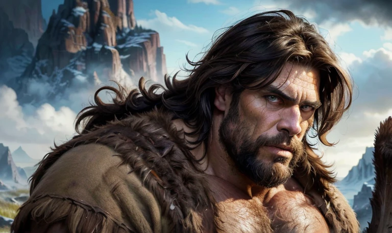 epic fantasy art, super fine illustration, High resolution, Super detailed, masterpiece, 1 male, Neanderthal, hunter, alone, adult, mature, manly, tall and muscular man, broad shoulders, (((handsome:1.5))), messy hair, black hair, ((beautiful detailed brown eyes:1.5)), square jaw, thick neck, thick eyebrows, broad nose, prehistoric background, rustic hide caveman clothes.