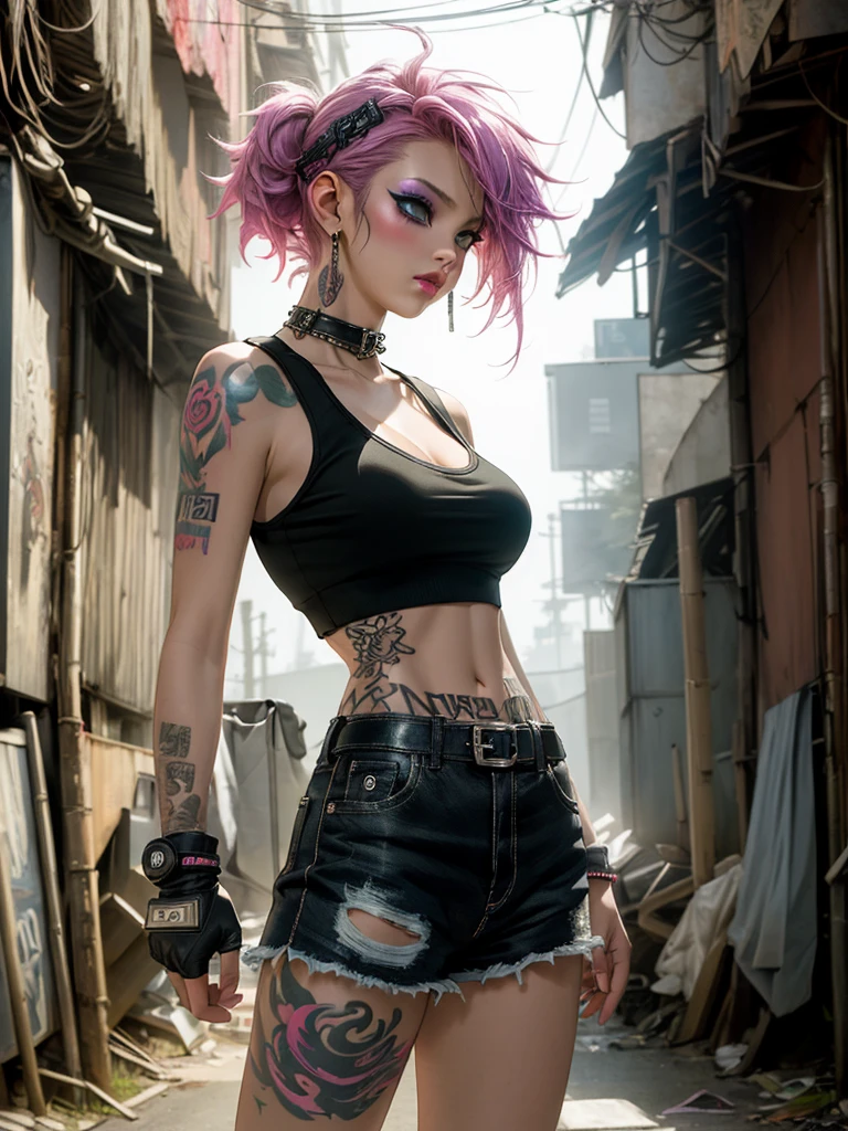 (top-quality、8K、32K、masterpiece、nffsw:1.3)、(Photorealsitic:1.4),18-year-old punk girl,、Wacky punk hair,Radical punk fashion,Tank Tops、cleavage, Wacky makeup、A pink-haired,、A lot of tattoos on the body,、nighttime, background, slum alleyway background、dark, unlit, Backlight effect、depth of fields,blurry backround, gritty, dark atmospher