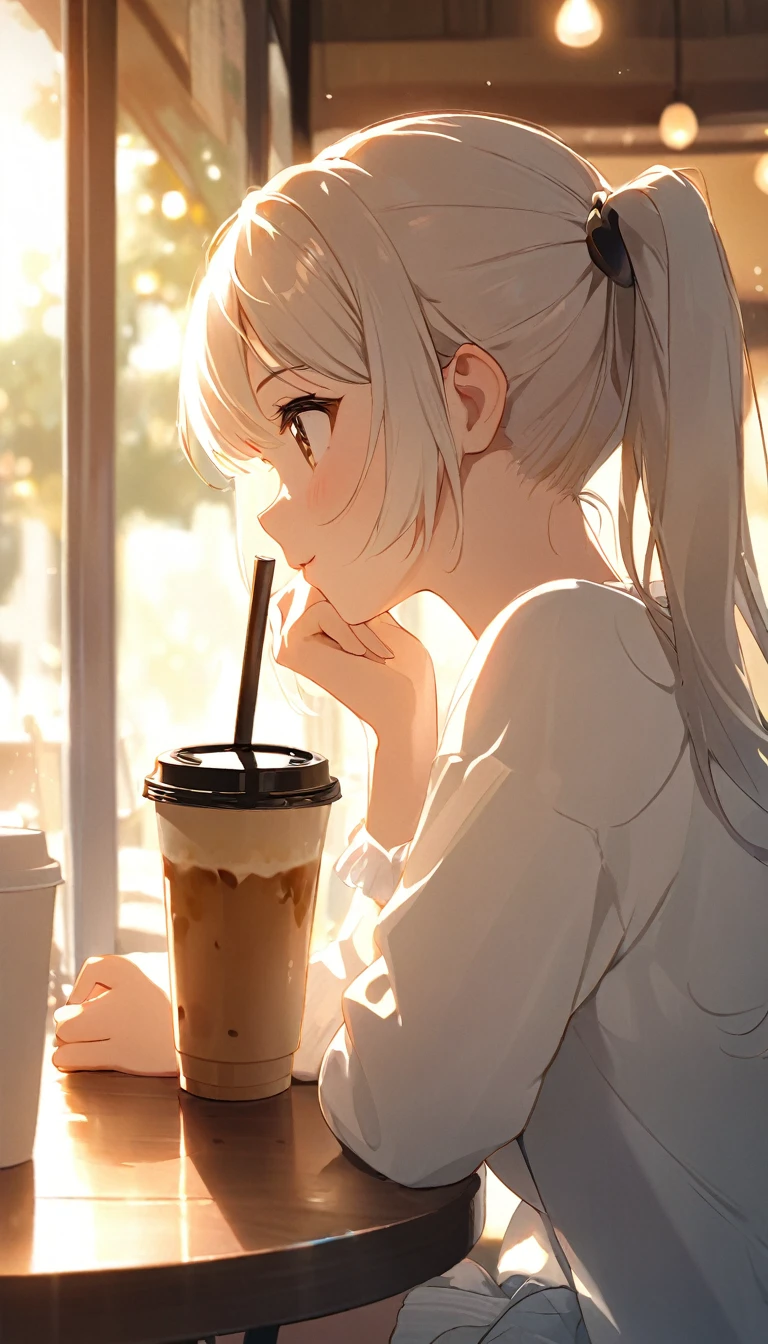 Close-up of beautiful and cute girl with twin ponytails sitting in cafe,Looking out the window.There is a cup of ice coffee on the wooden table(整個頭部Looking out the window.The moment the sun shines)Surrounded by the dazzling afternoon sun, shadow and shade textures,The whole scene looks lazy and romantic, Effortlessly elegant aesthetics.。Cafe bokeh background