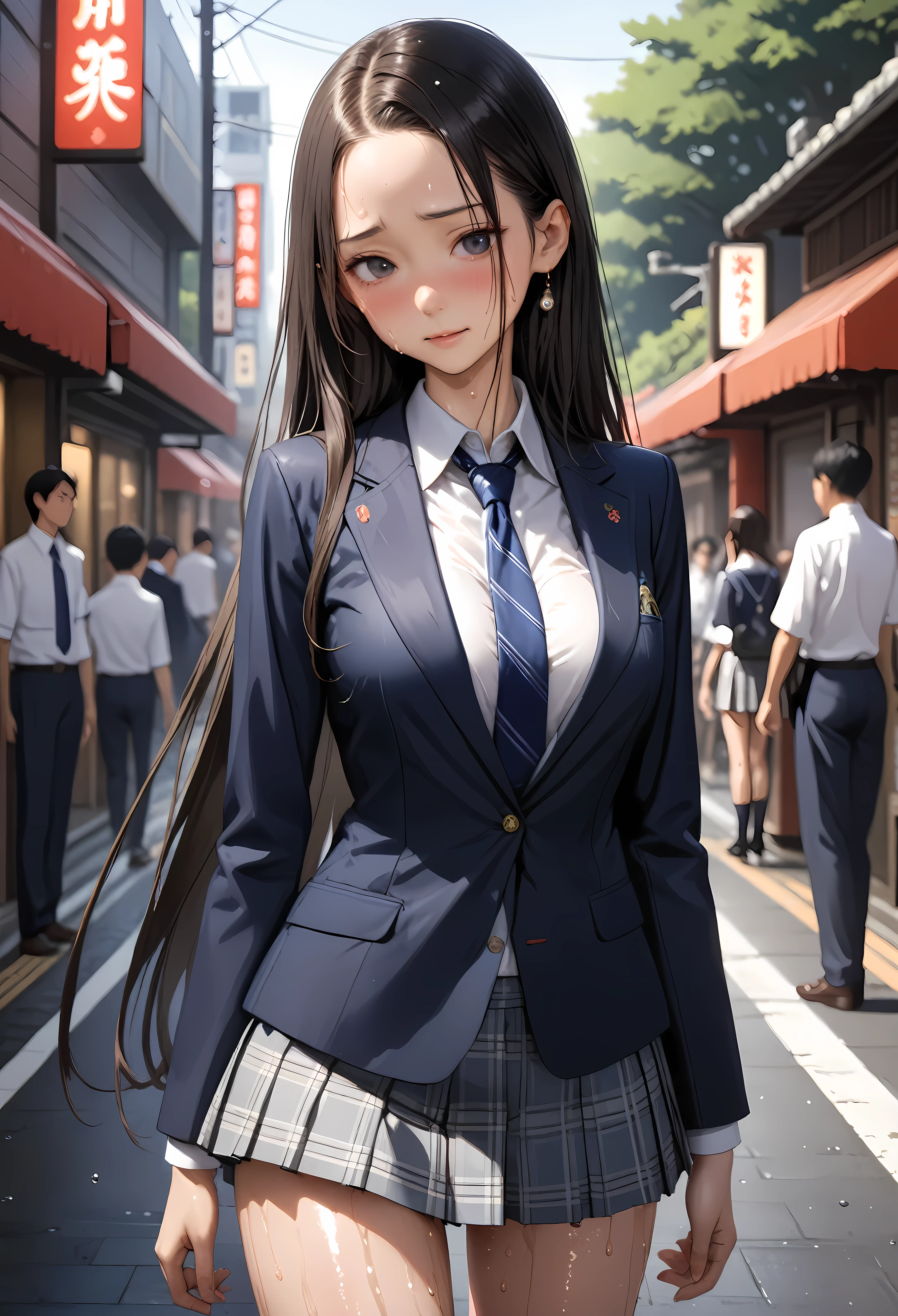 ((masterpiece,Highest quality:1.3,best illustration,realistic)),cowboy shot,1woman、solo,23 year old Japanese beauty,((very small head:1.3)),center parted bangs,forehead,black hair,long hair,black eyes,gorgeous eyes,Black-rimmed glasses,shy,smile,medium breasts,((very long body:1.3)),((toned body,slender body,skinny)),(School uniform、Dark blue blazer jacket、Navy blue tie、Grey plaid pleated mini skirt),gleaming skin,shiny skin,oily skin,sweat,on street,Tokyo、