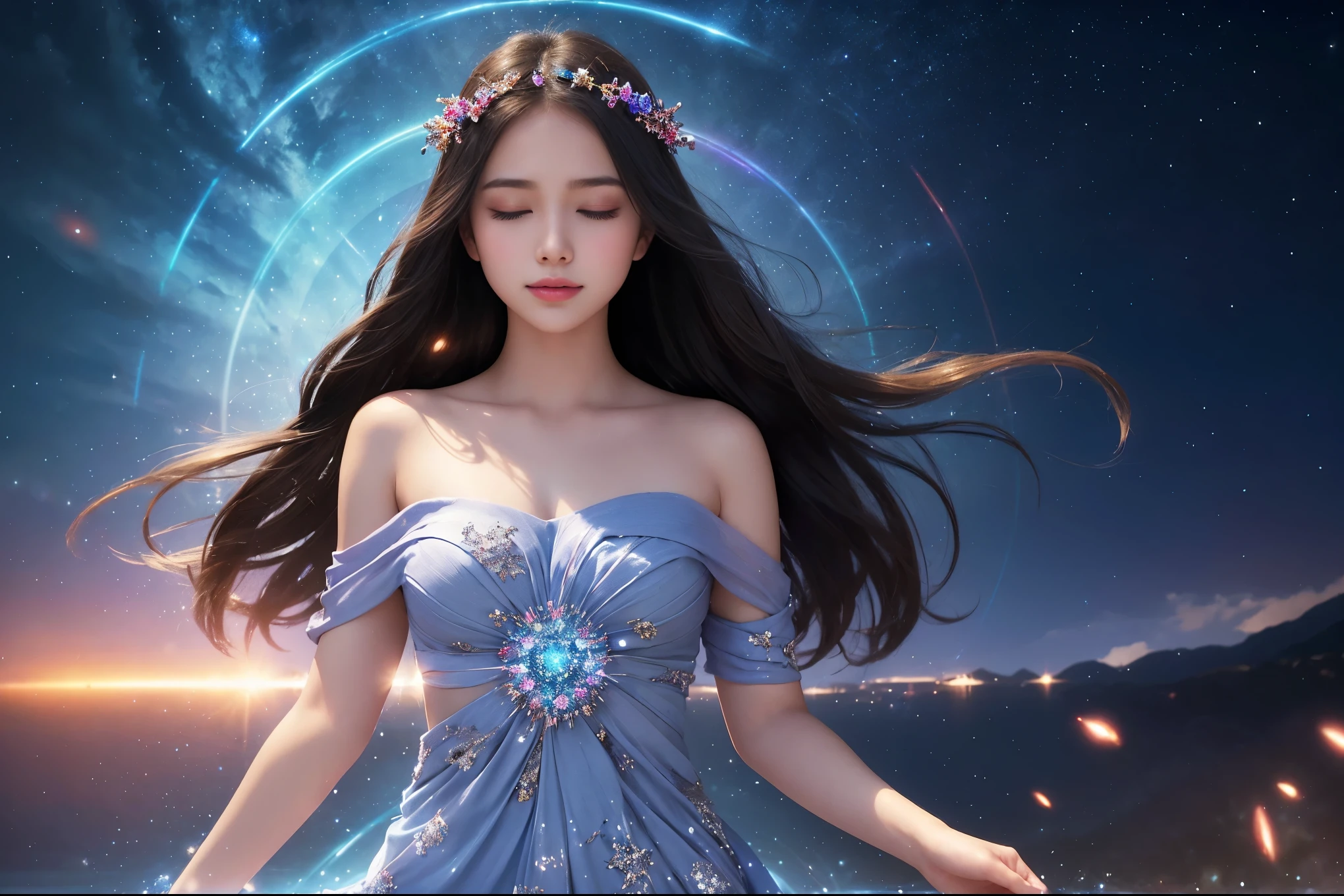A mesmerizing cinematic photograph of a radiant young woman, standing captivated beneath a breathtaking waterfall composed entirely of vibrant, glowing musical notes. These magical notes cascade down in a kaleidoscope of colors, creating a dazzling display as they envelop the woman, who is fully immersed in the ecstasy of her dance. With eyes closed and a face beaming with pure joy and liberation, she becomes one with the music. The sky above, filled with twinkling stars and radiant frequency lines, symbolizes the transcendent power of music. This enchanting scene captures the essence of freedom and harmony, invoking an ethereal and magical atmosphere that resonates with viewers on a deep emotional level., cinematic, photo