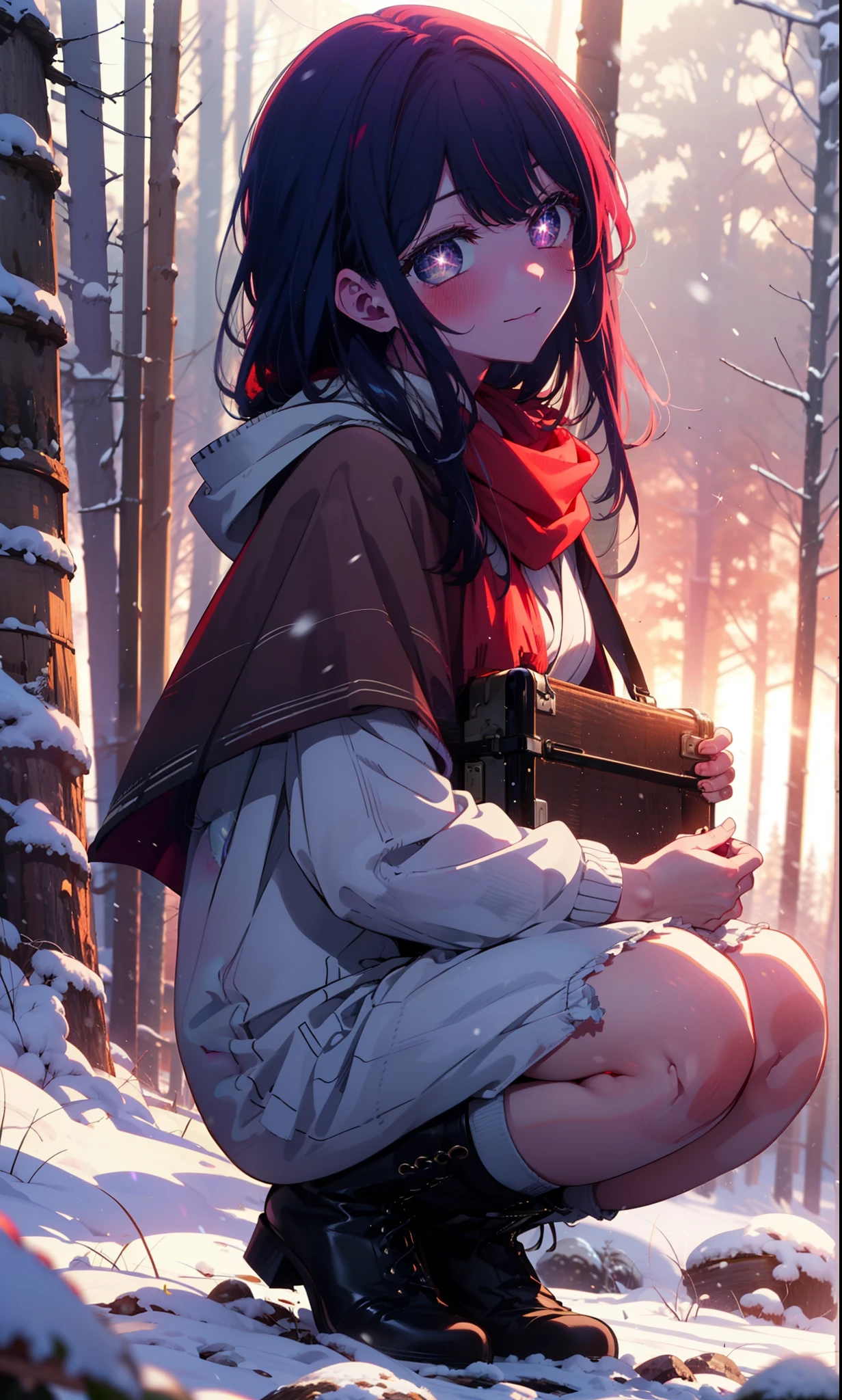 aihoshino, Ai Hoshino, Long Hair, bangs, (Purple eyes:1.1), Purple Hair, (Symbol-shaped pupil:1.5), smile,,smile,blush,White Breath,
Open your mouth,snow,Ground bonfire, Outdoor, boots, snowing, From the side, wood, suitcase, Cape, Blurred, , forest, White handbag, nature, Squat, Mouth closed, Cape, winter, Written boundary depth, Black shoes, red Cape break looking at viewer, Upper Body, whole body, break Outdoor, forest, nature, break (masterpiece:1.2), Highest quality, High resolution, unity 8k wallpaper, (shape:0.8), (Beautiful and beautiful eyes:1.6), Highly detailed face, Perfect lighting, Extremely detailed CG, (Perfect hands, Perfect Anatomy),