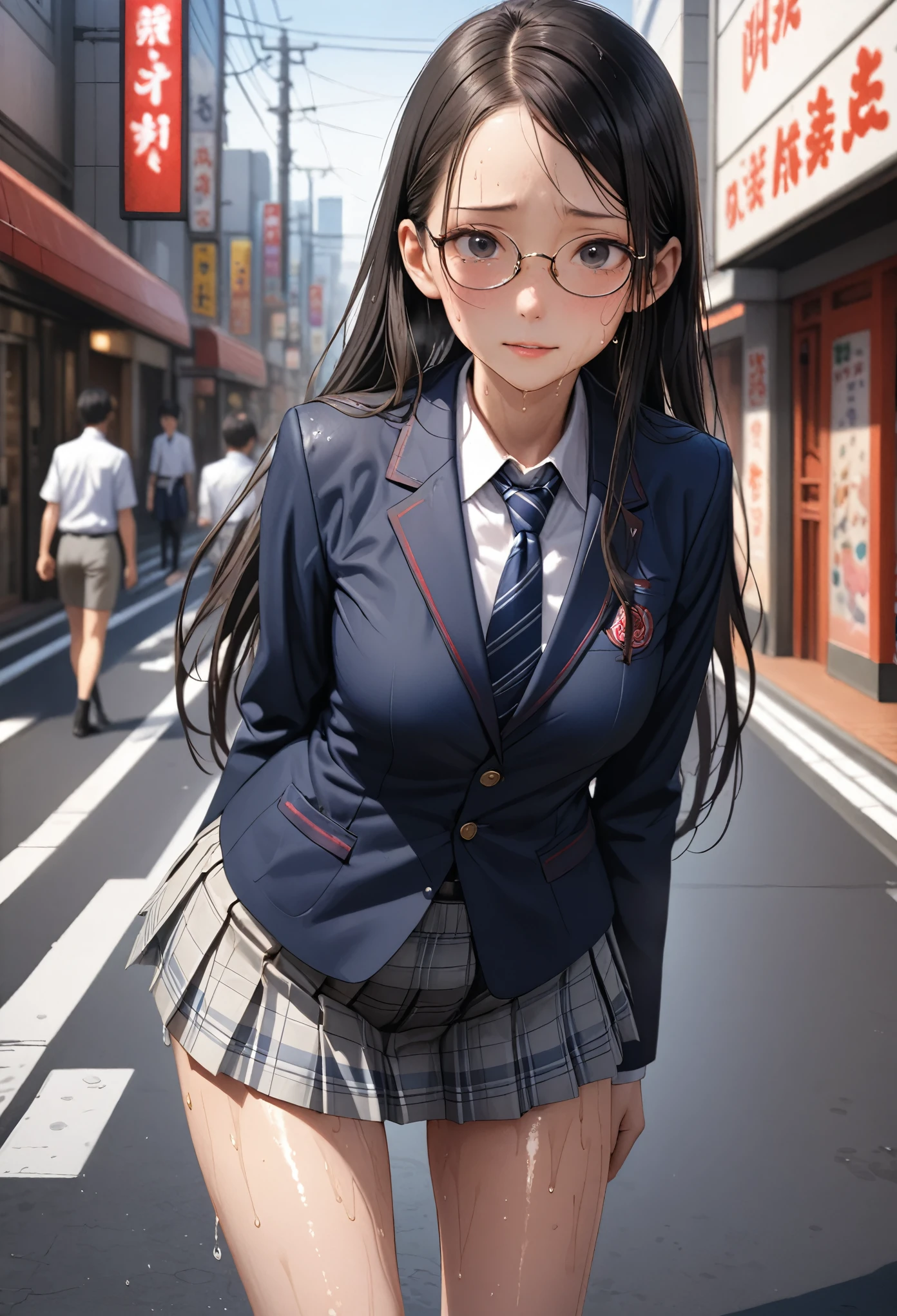 ((masterpiece,Highest quality:1.3,best illustration,realistic)),cowboy shot,1woman、独奏,27 year old Japanese beauty,((very small head:1.3)),center parted bangs,forehead,black hair,long hair,black eyes,gorgeous eyes,Black-rimmed glasses,shy,smile,medium breasts,((very long body:1.3)),((toned body,slender body,skinny)),(School uniform、Dark blue blazer jacket、Navy blue tie、Grey plaid pleated mini skirt),gleaming skin,shiny skin,oily skin,sweat,on street,Tokyo、