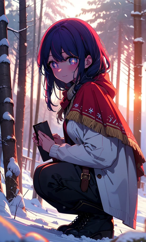 aihoshino, Ai Hoshino, Long Hair, bangs, (Purple eyes:1.1), Purple Hair, (Symbol-shaped pupil:1.5), smile,,smile,blush,White Breath,
Open your mouth,snow,Ground bonfire, Outdoor, boots, snowing, From the side, wood, suitcase, Cape, Blurred, , forest, White handbag, nature, Squat, Mouth closed, Cape, winter, Written boundary depth, Black shoes, red Cape break looking at viewer, Upper Body, whole body, break Outdoor, forest, nature, break (masterpiece:1.2), Highest quality, High resolution, unity 8k wallpaper, (shape:0.8), (Beautiful and beautiful eyes:1.6), Highly detailed face, Perfect lighting, Extremely detailed CG, (Perfect hands, Perfect Anatomy),
