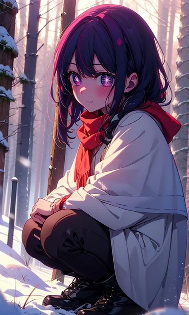 aihoshino, Ai Hoshino, Long Hair, bangs, (Purple eyes:1.1), Purple Hair, (Symbol-shaped pupil:1.5), smile,,smile,blush,White Breath,
Open your mouth,snow,Ground bonfire, Outdoor, boots, snowing, From the side, wood, suitcase, Cape, Blurred, , forest, White handbag, nature, Squat, Mouth closed, Cape, winter, Written boundary depth, Black shoes, red Cape break looking at viewer, Upper Body, whole body, break Outdoor, forest, nature, break (masterpiece:1.2), Highest quality, High resolution, unity 8k wallpaper, (shape:0.8), (Beautiful and beautiful eyes:1.6), Highly detailed face, Perfect lighting, Extremely detailed CG, (Perfect hands, Perfect Anatomy),
